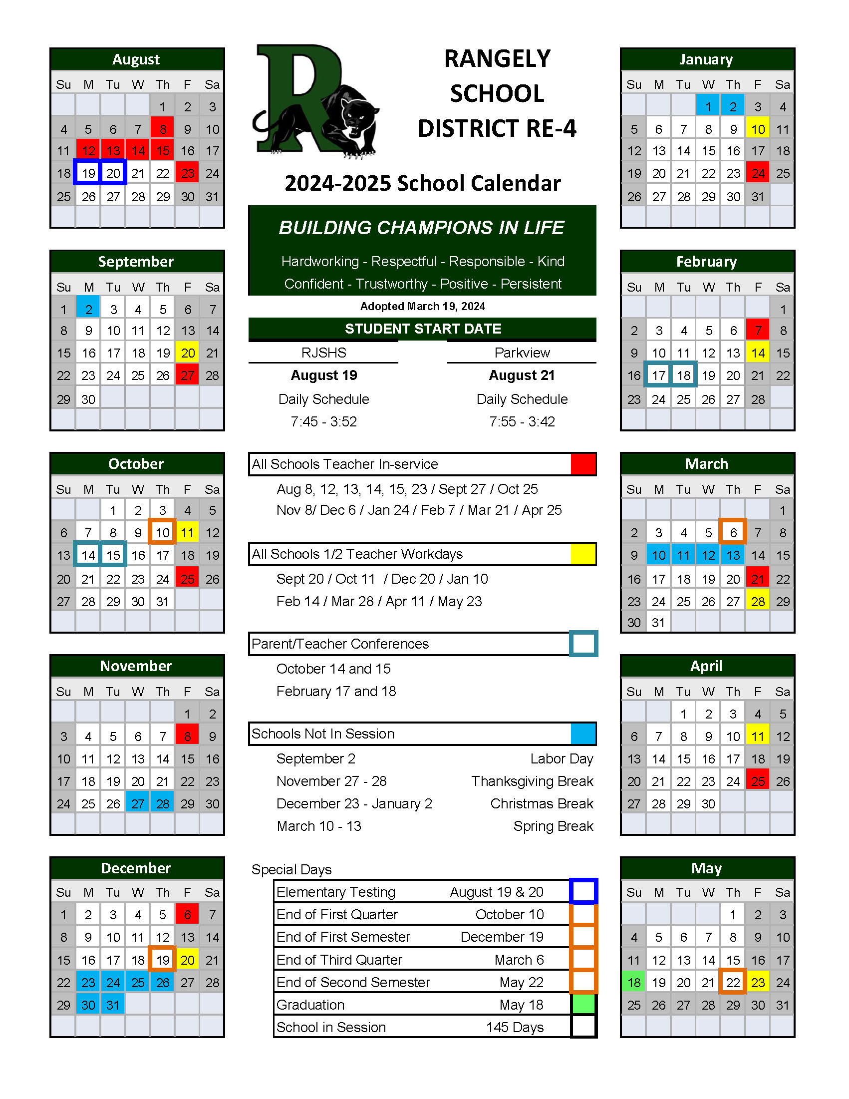 2024 - 2025 School Calendar