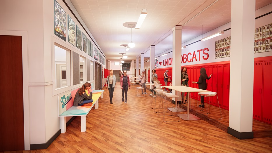 Schematic Design - High School first floor hallway transformed into Commons”