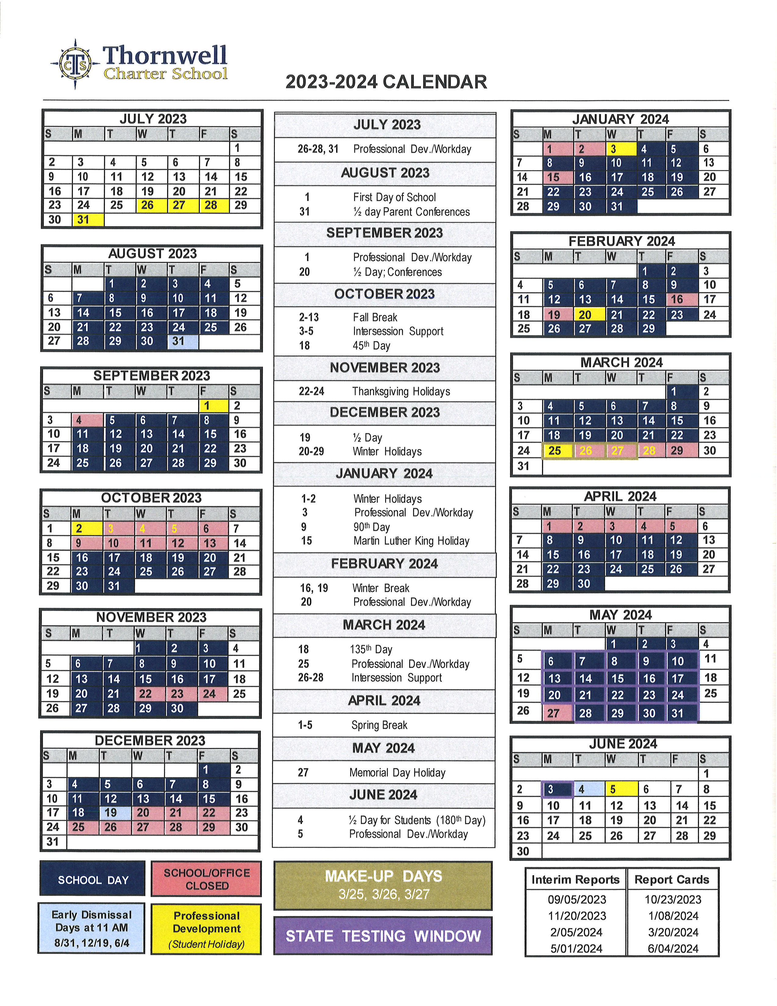 School Calendars Thornwell Charter School