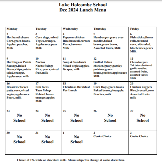 Dec 2024  Lunch Menu