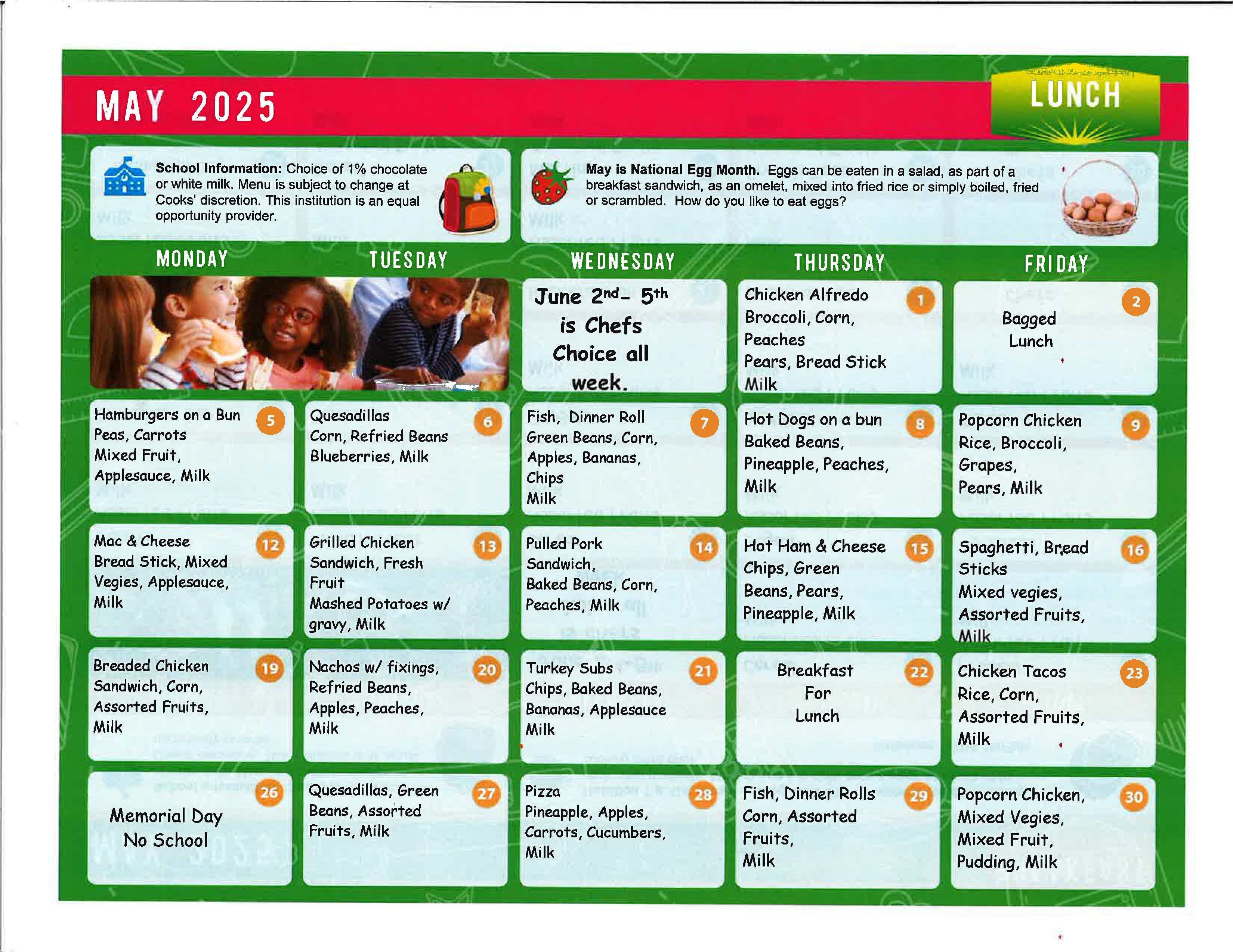 May 2025  Lunch Menu