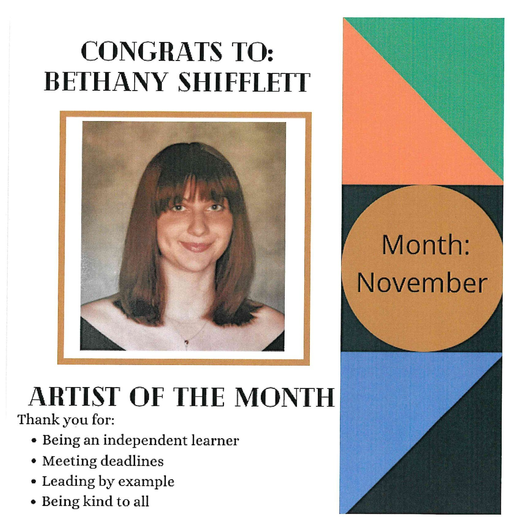 Congratulations to Mrs. Sudak's Artist of the Month: Bethany Shifflett