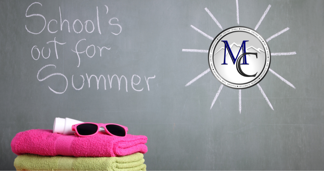 Chalkboard with "School's out for Summer," towels, sunglasses, and MC logo sun.
