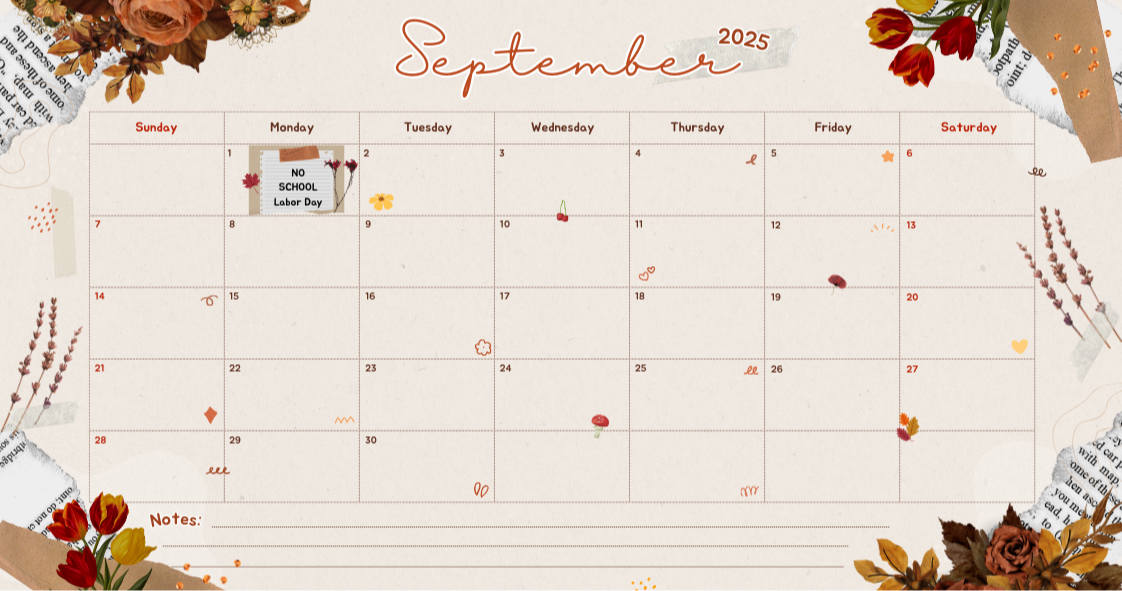 September 2025 calendar with autumn-themed decorations; Labor Day noted on September 1 with 'No School' reminder