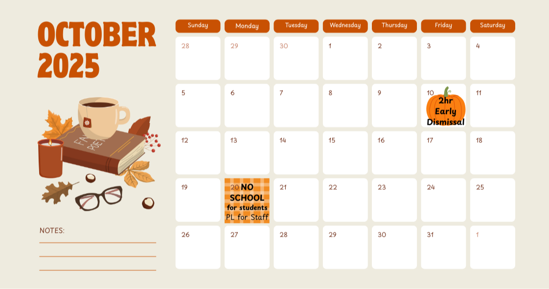 October 2025 calendar with early dismissal and no school dates