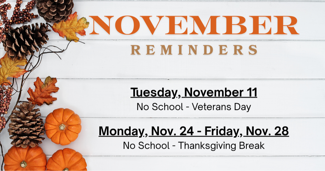 November reminders with pumpkins and pinecones on white wood background.