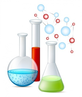 Three lab flasks with blue, red, and green liquids and molecule diagram.
