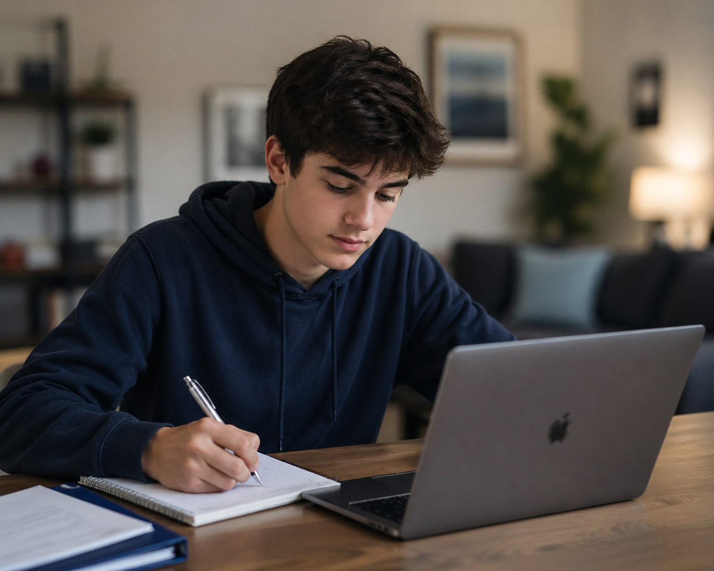 boy taking notes and working on a laptop