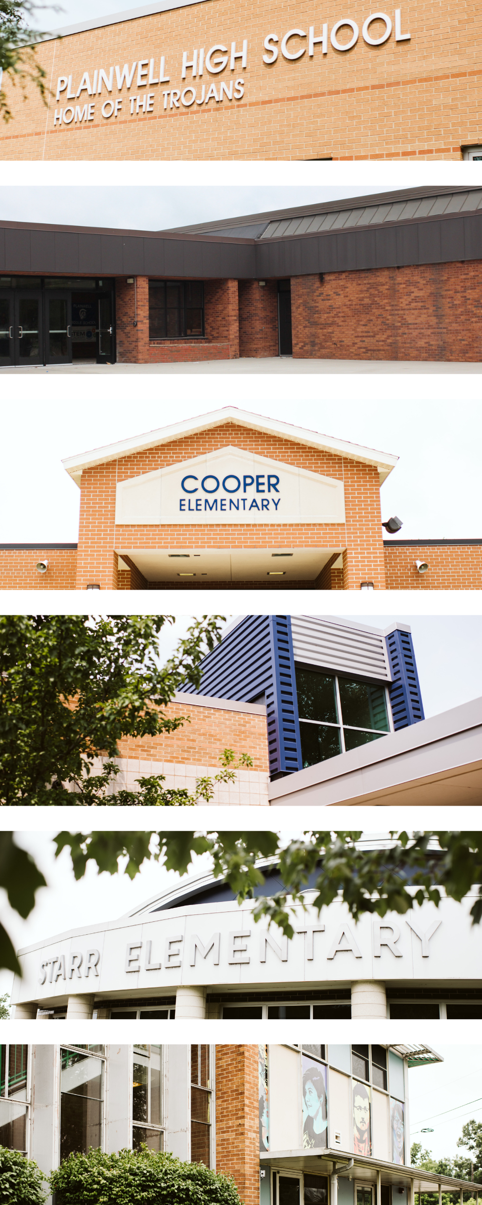 Picture of exterior of each PCS school building