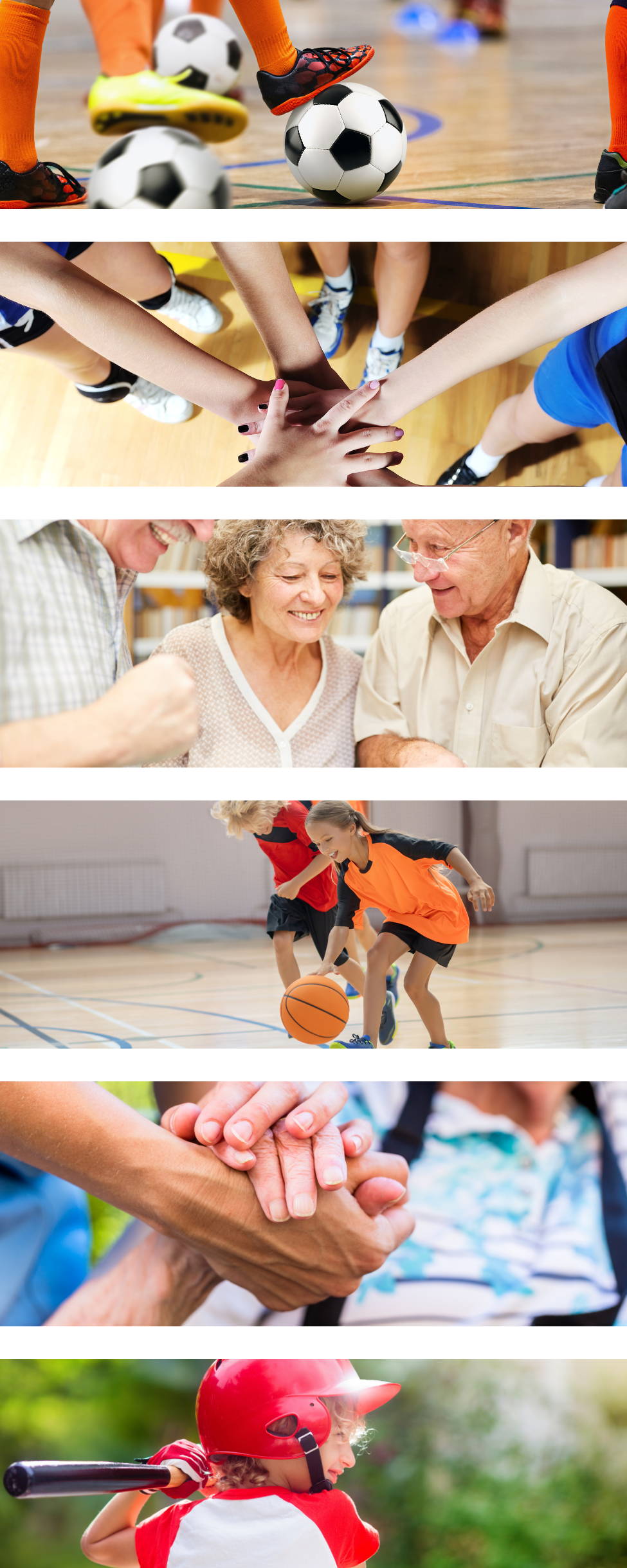 Various Pictures of kids playing sports and senior citizens 
