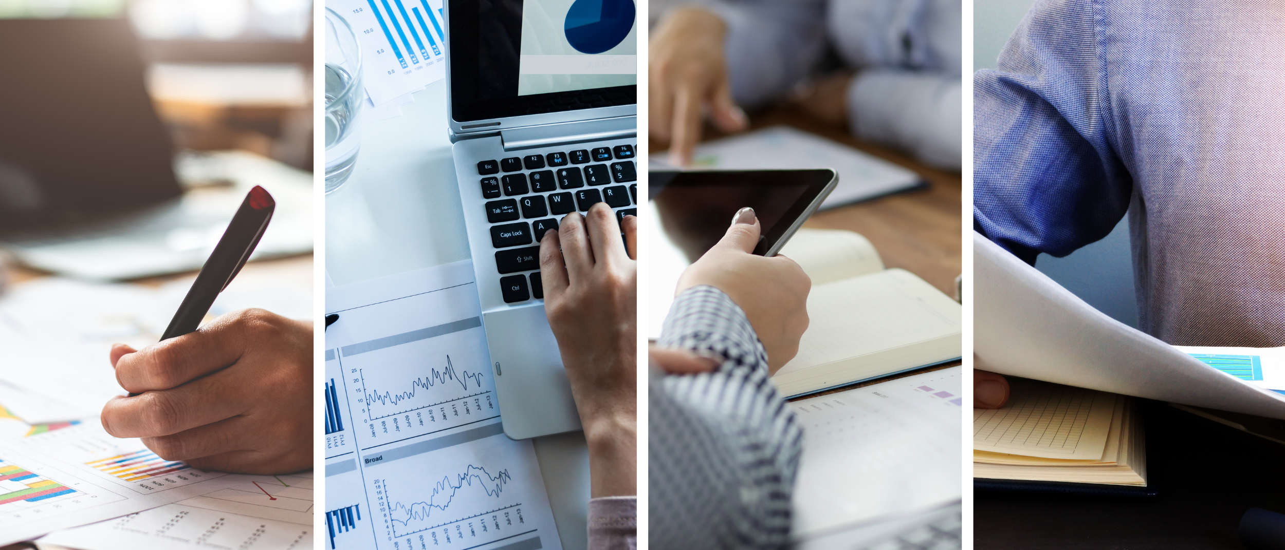 Website Banner with four pictures - paper, workingon a computer, people in a meeting and reading a report