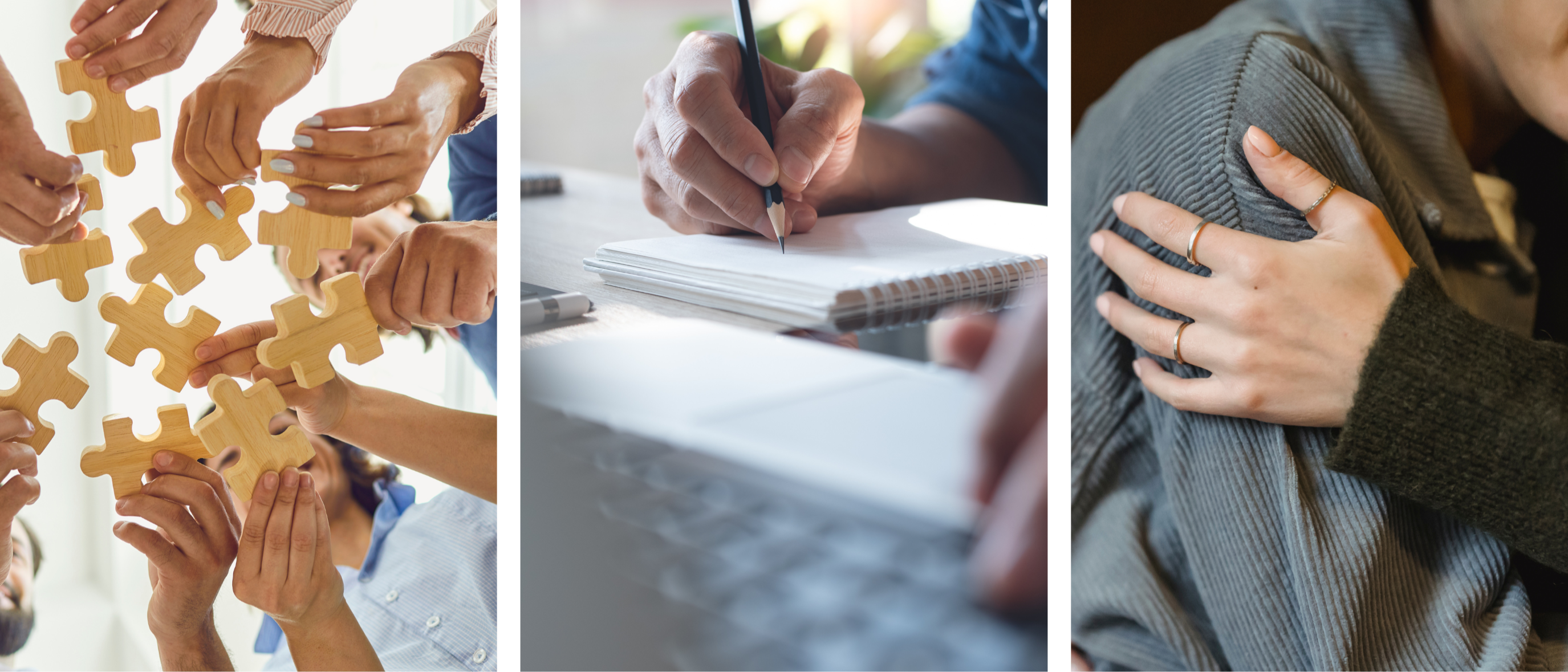 Picture of people putting a puzzle together, many writing in a notebook and person giving a hug