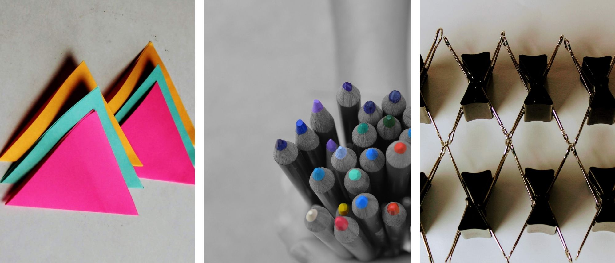 Schools of Choice collage Banner - Triangle pieces of paper, girl holding colored pencils and binders stacked together in a zig zag pattern