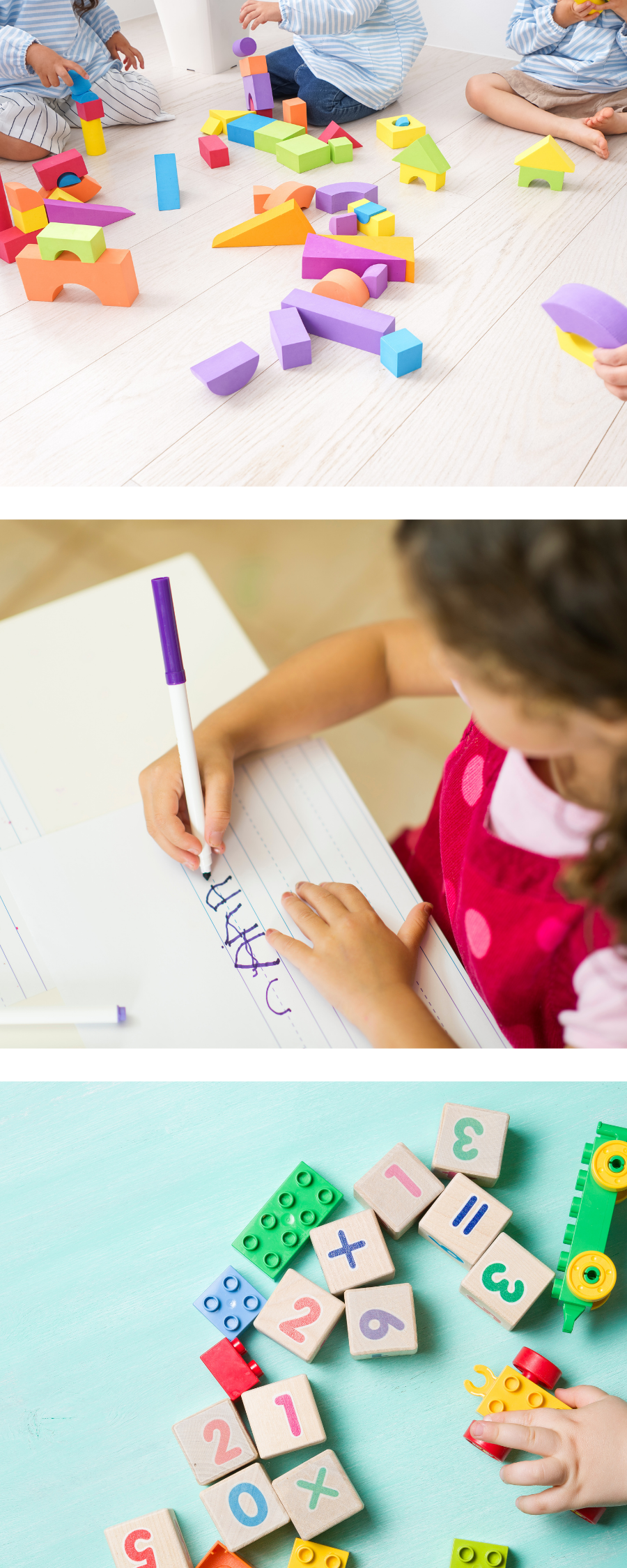 Picture collage of preschool students building blocks, working on letters and playing