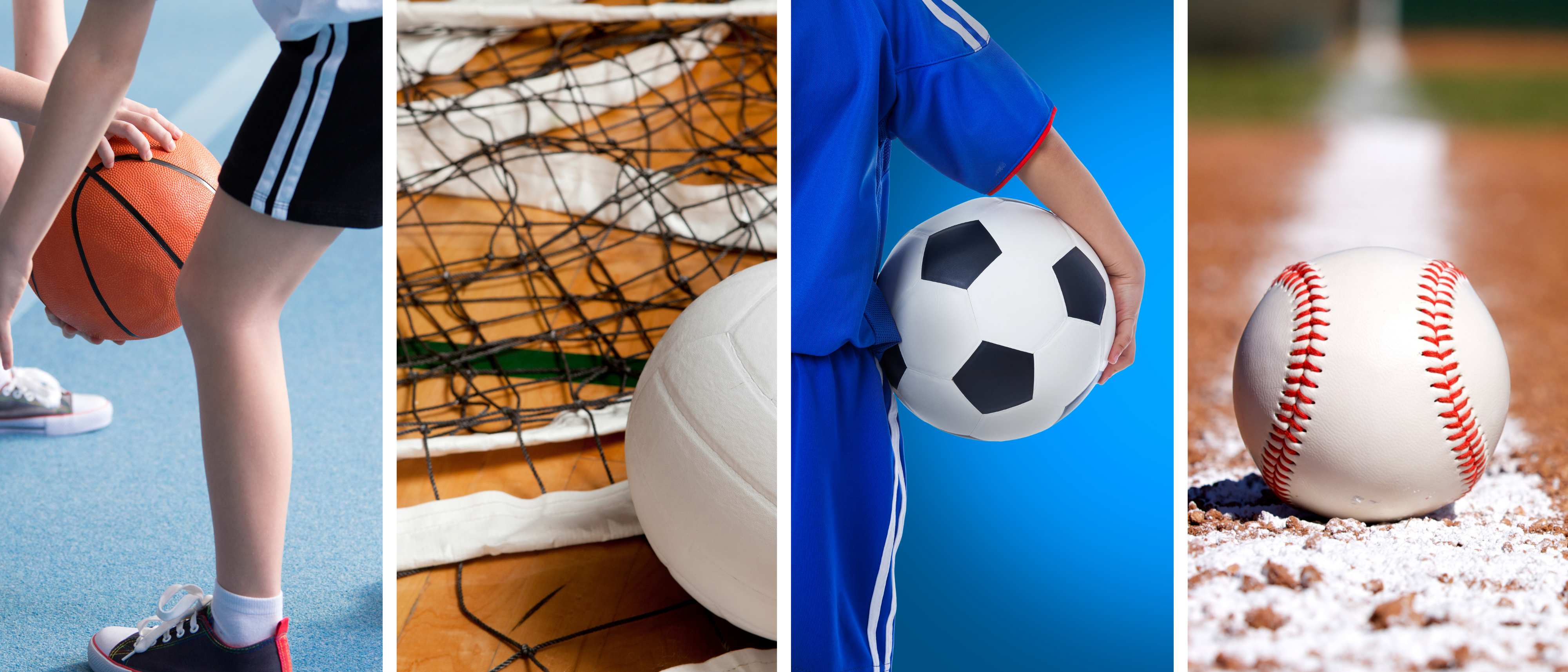 Collage picture for Community Recreation with a child with a basketball, volleyball and net, child with a soccer ball and baseball laying on baseball field