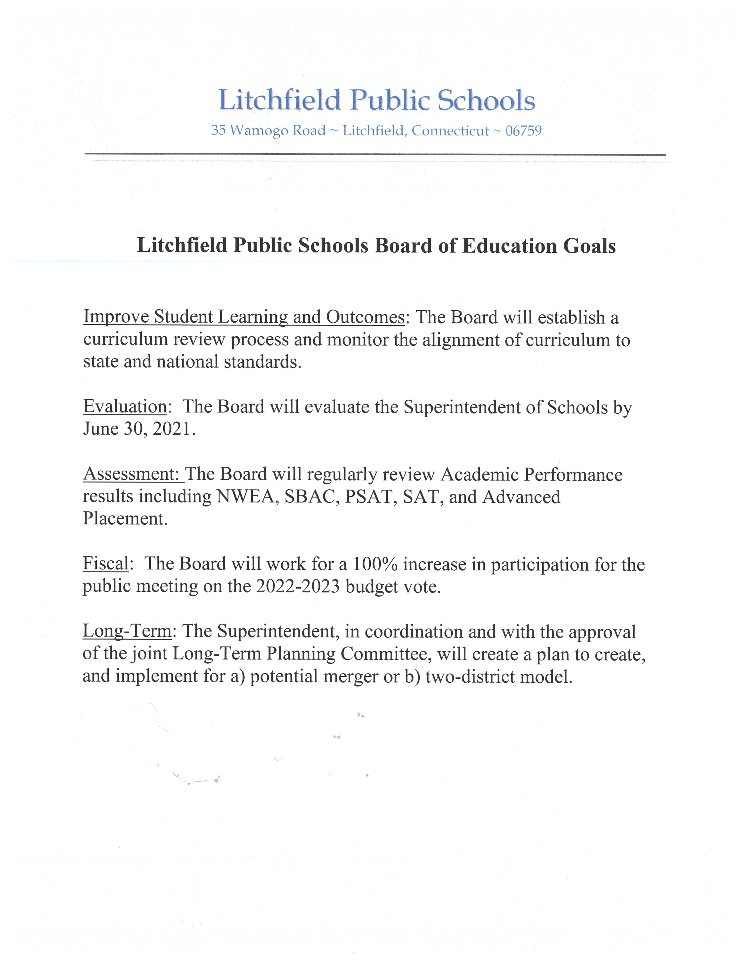 Board of Education Goals Adopted October 14, 2021