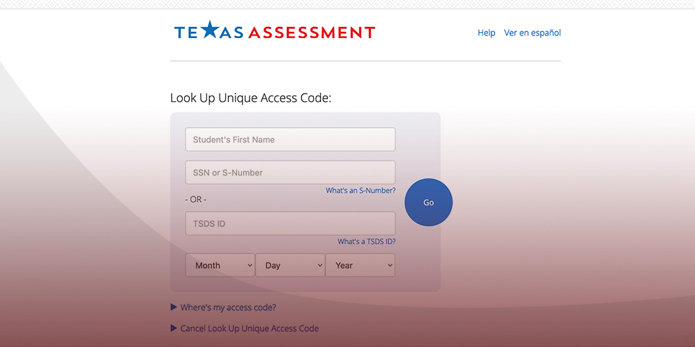 a screenshot of the screen where parents can look up their child's Unique Access Code to access STAAR results