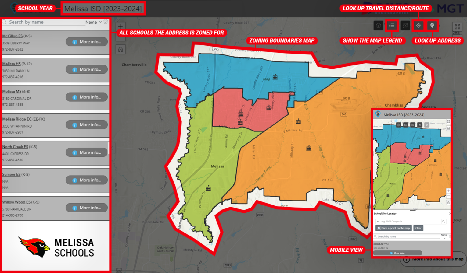 a visual of how to use the Melissa ISD interactive zoning map