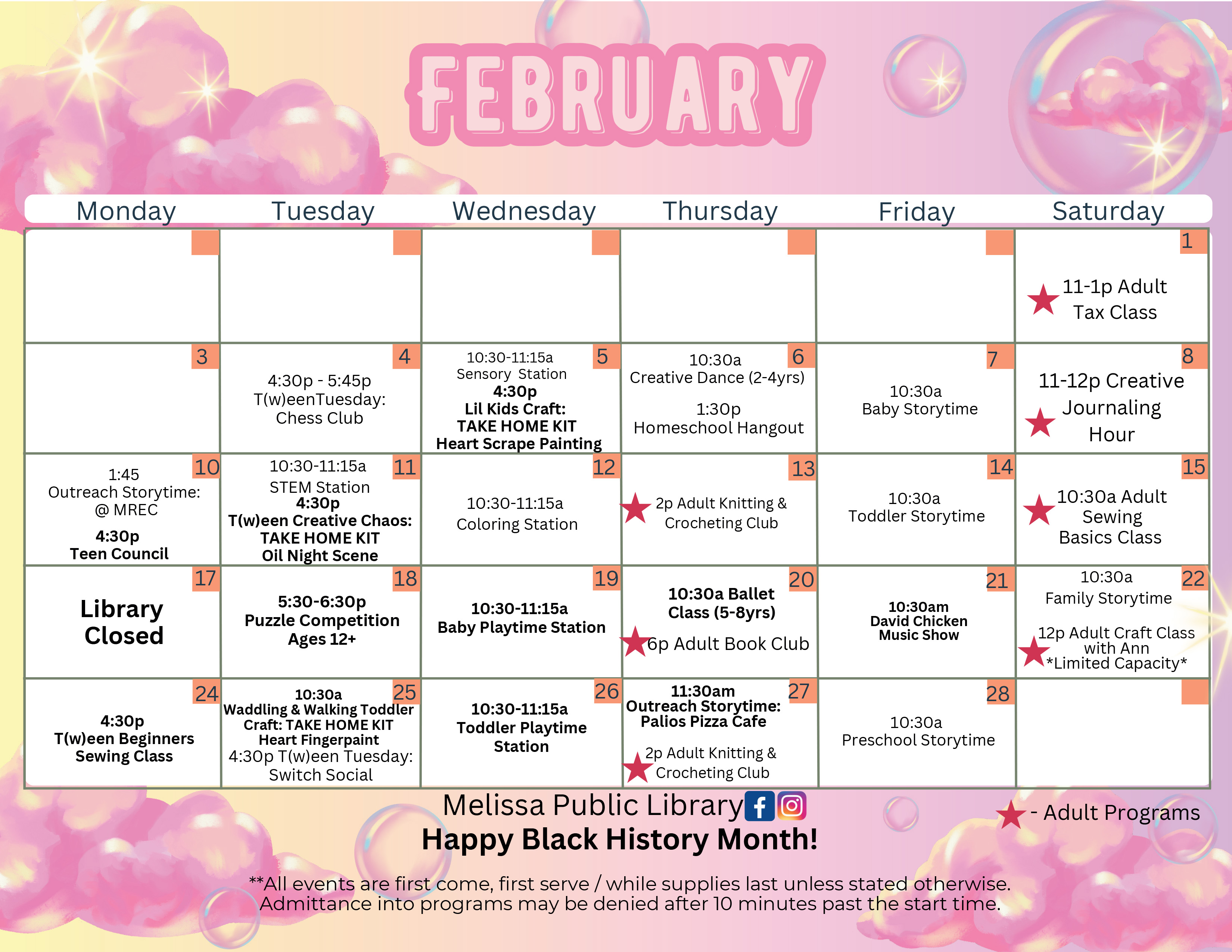 City of Melissa Public Library February Calendar