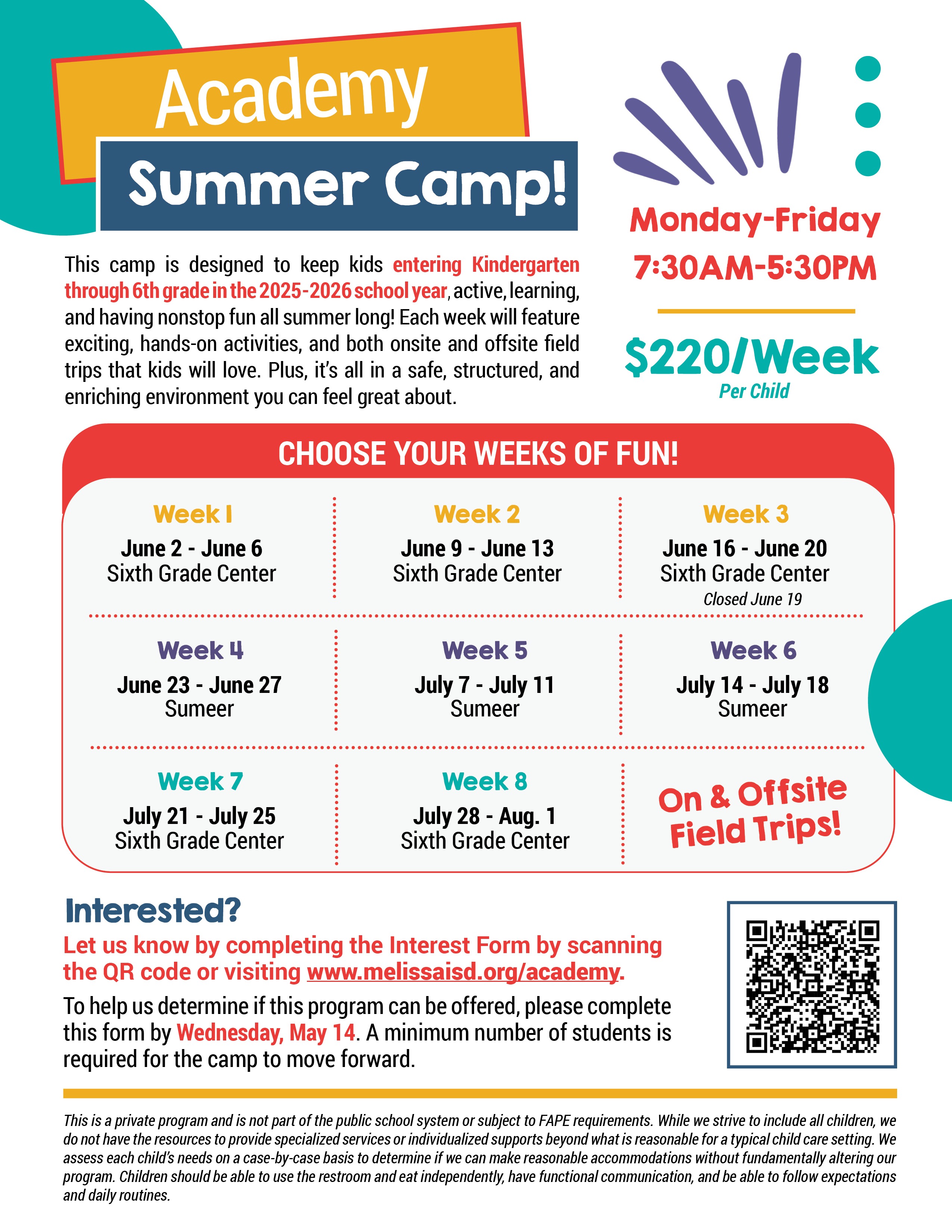 Academy Summer Camps Information Flyer