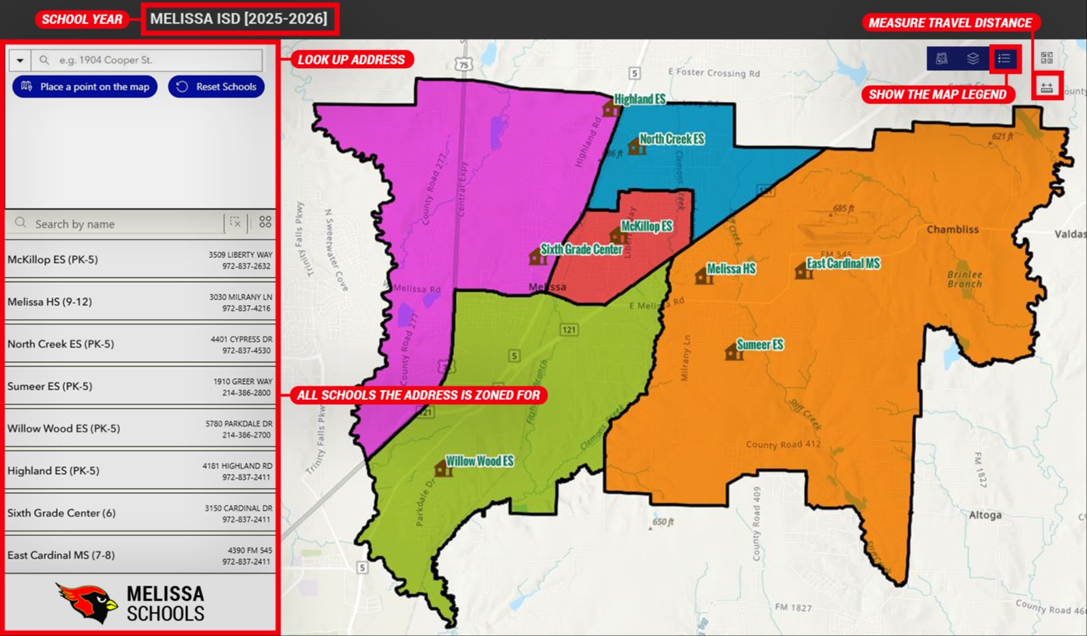 a visual of how to use the Melissa ISD interactive zoning map
