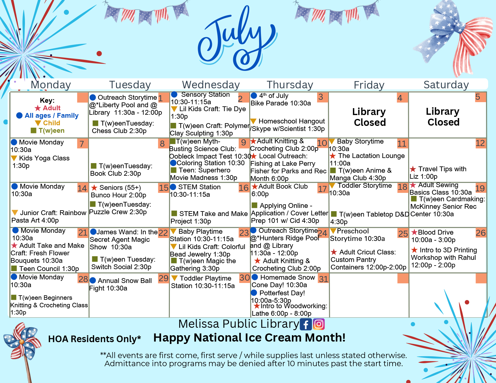 Melissa Public Library July Calendar of Events