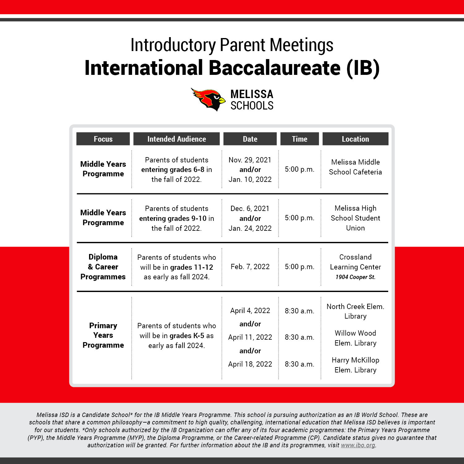 a graphic with information about upcoming IB meetings at Melissa ISD