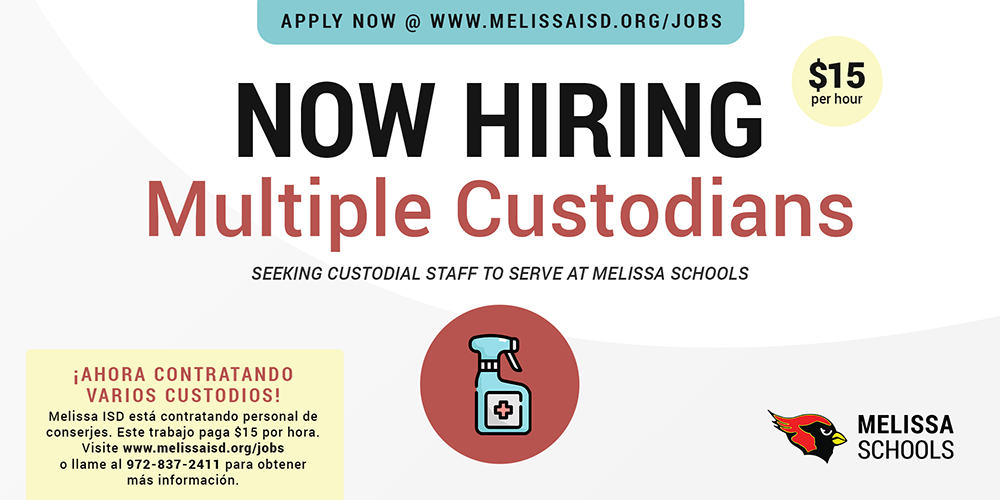 a graphic advertising a Melissa ISD job posting for custodial staff