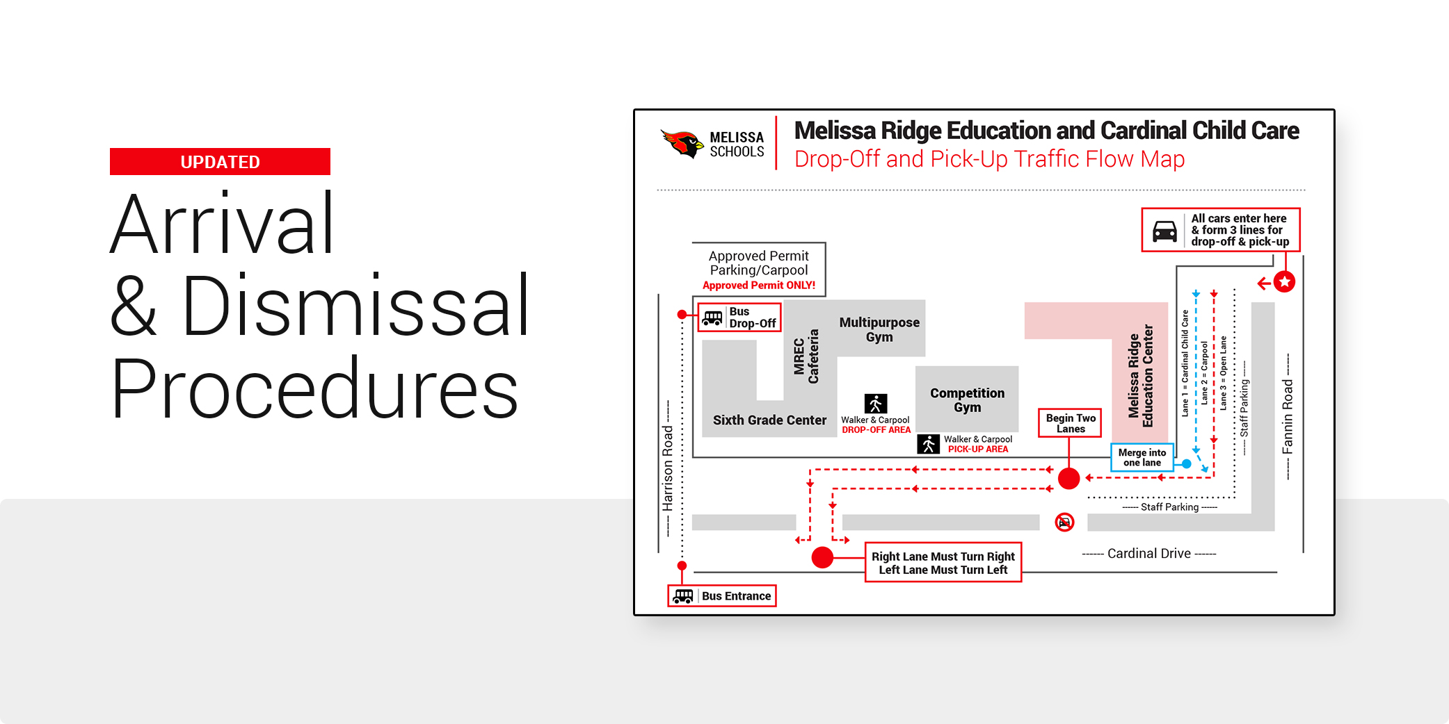 a banner displaying new arrival and dismissal information for Melissa Ridge Education Center