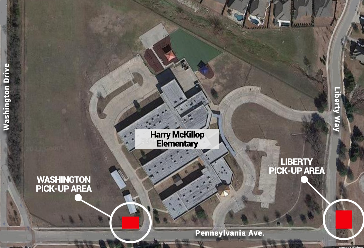 a map showing the walker pick-up locations at Harry McKillop Elementary