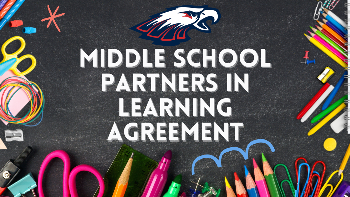 Graphic featuring school supplies like crayons and pencils on a chalkboard background with the text: Middle School Partners in Learning.