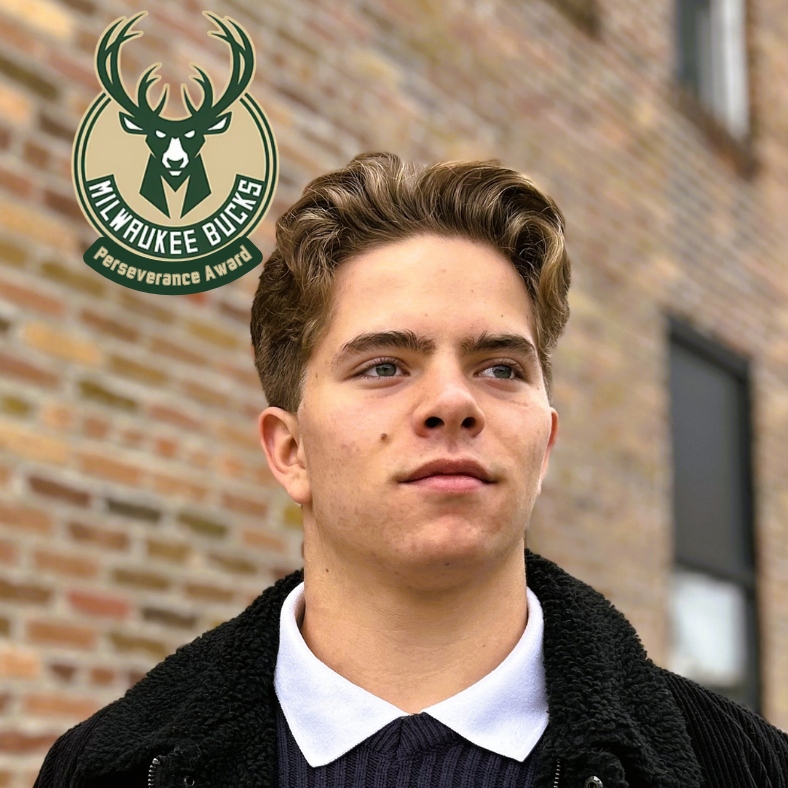 Portrait of James Zitelman, Unity student and 2026 Milwaukee Bucks Perseverance Award recipient, with the Milwaukee Bucks Perseverance Award logo overlaid.