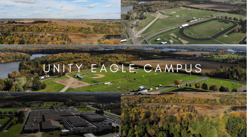 Aerial collage of the Unity Eagle Campus showing school buildings and athletic fields