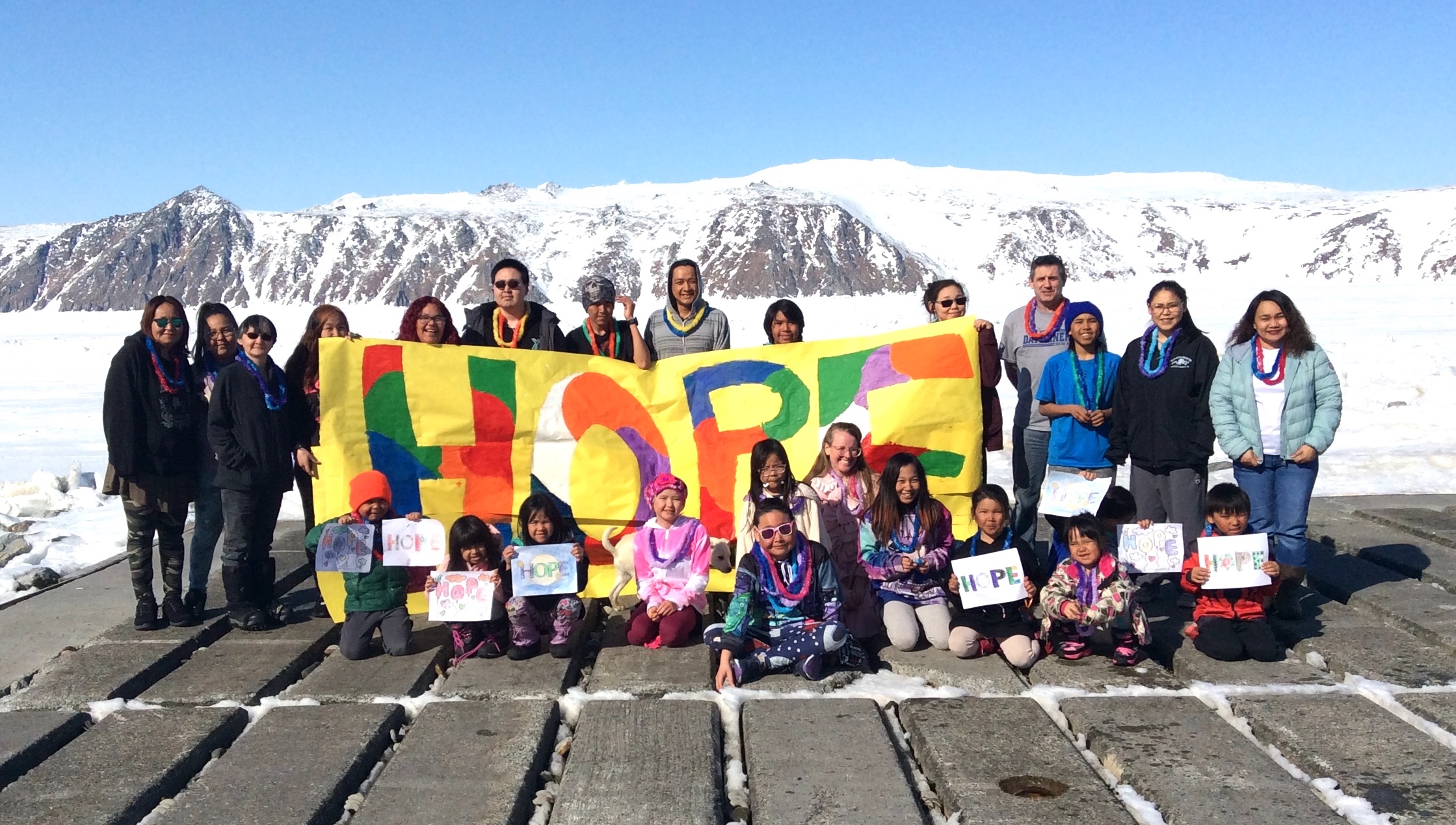 Diomede School Staff and Students with Hope sign