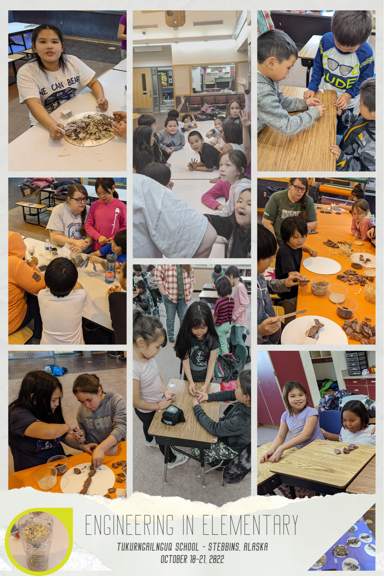 Collage of October 2022 EiE projects - kids building walls and making water filters