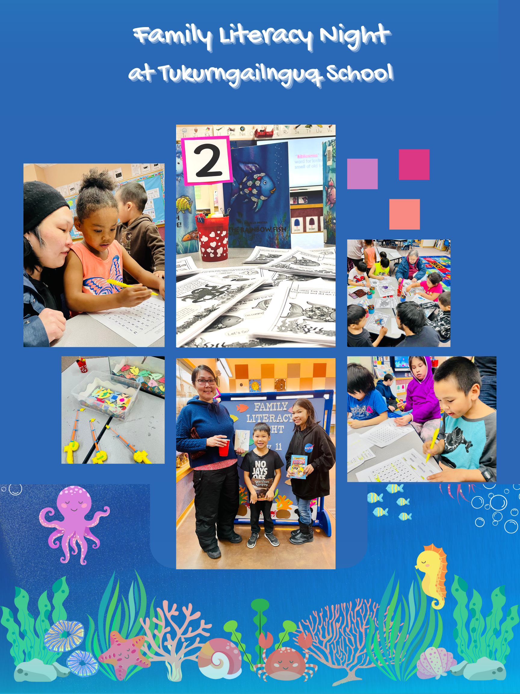 Photo collage of kids and families reading The Rainbow Fish and doing activities