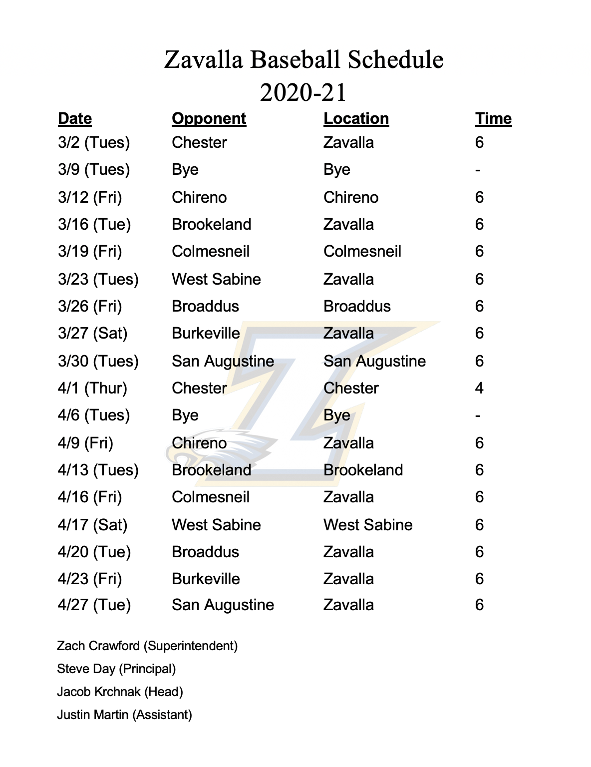 Baseball Schedule 2020 | Zavalla Independent School District