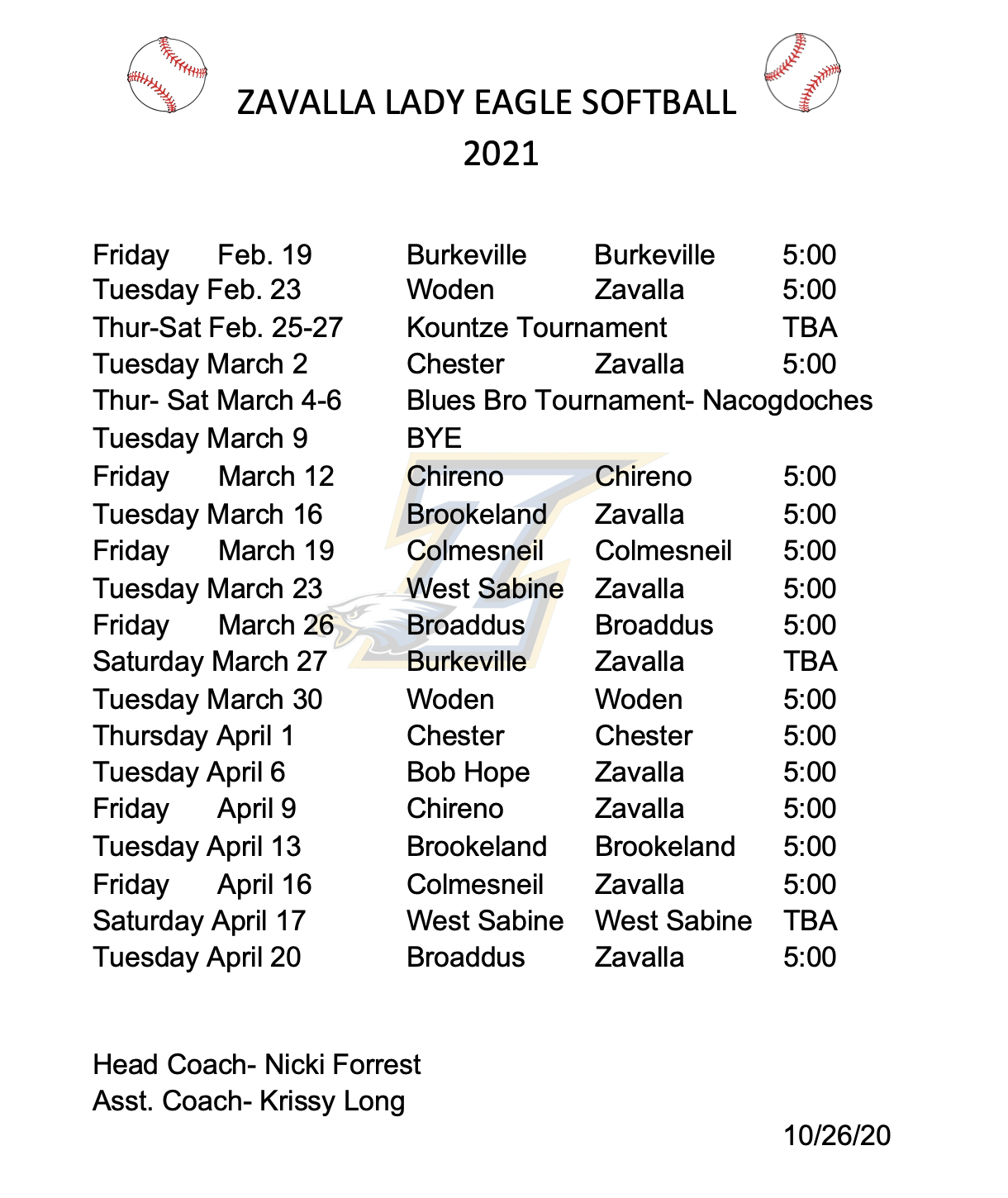 Softball Schedule 2020