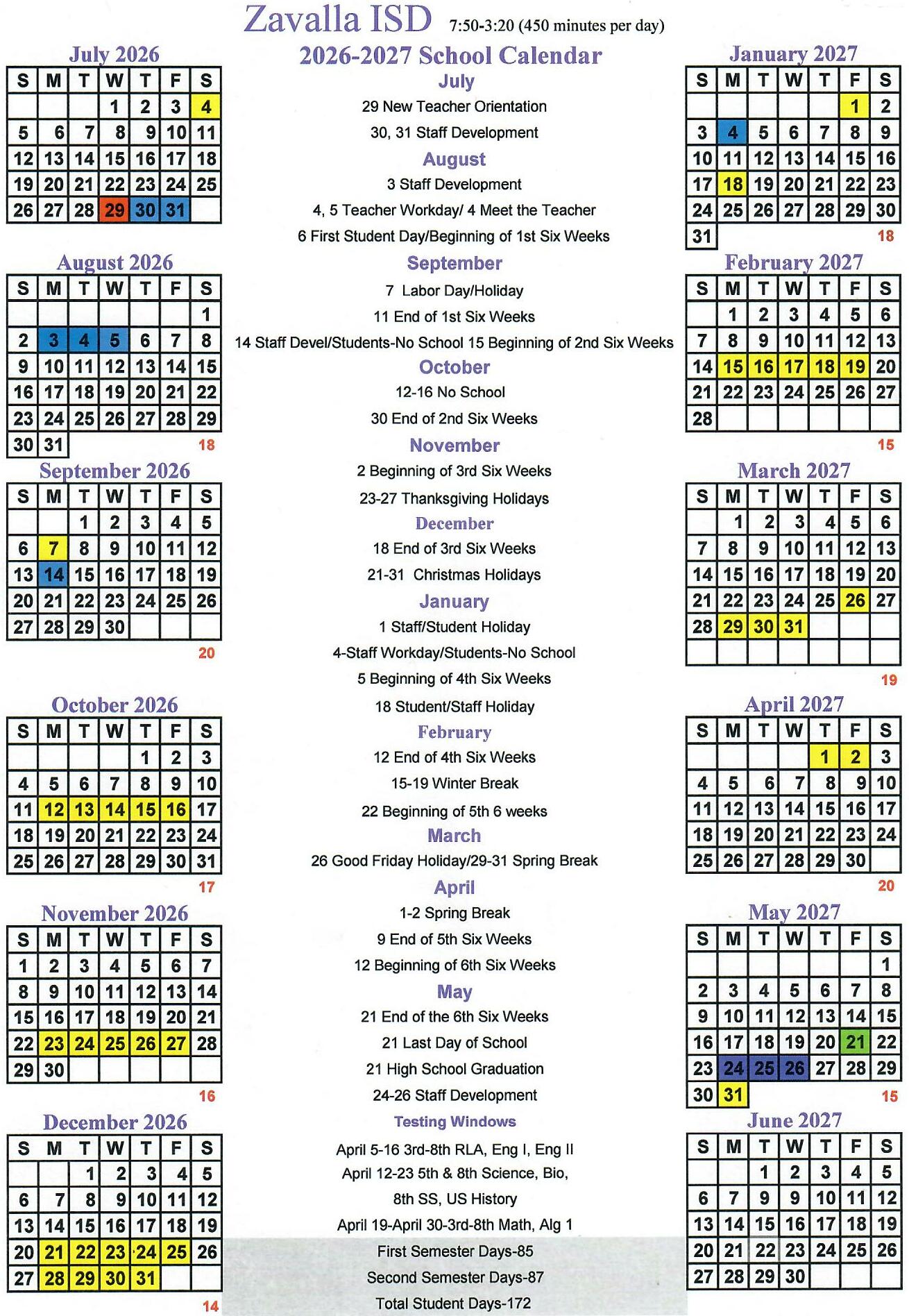 2026-2027 School Calendar- Adopted