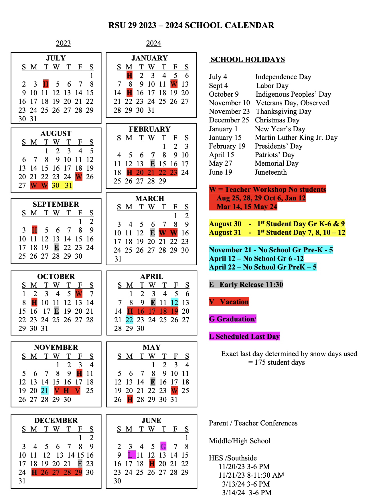 District Calendar RSU 29