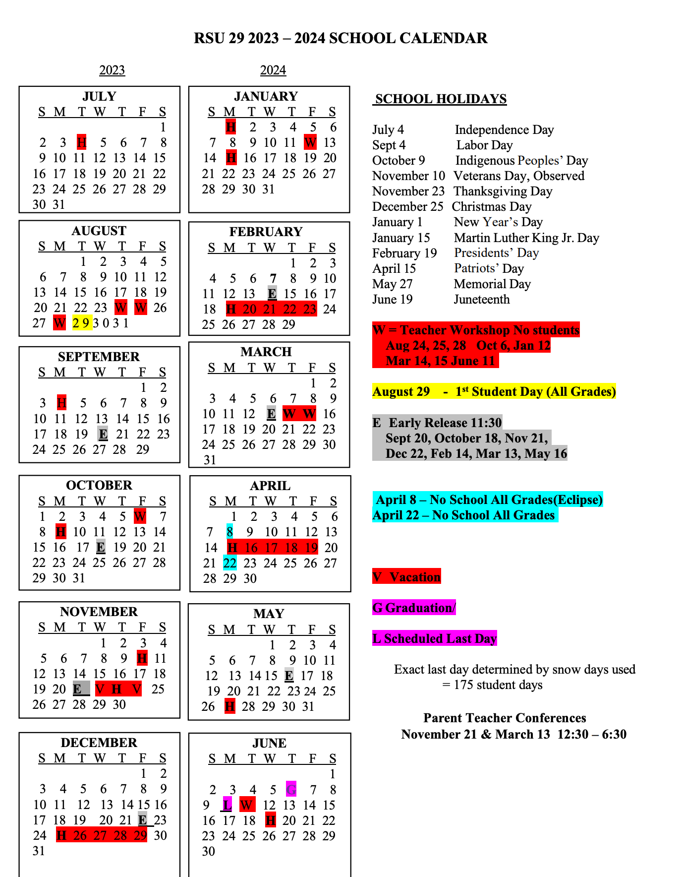 District Calendar RSU 29