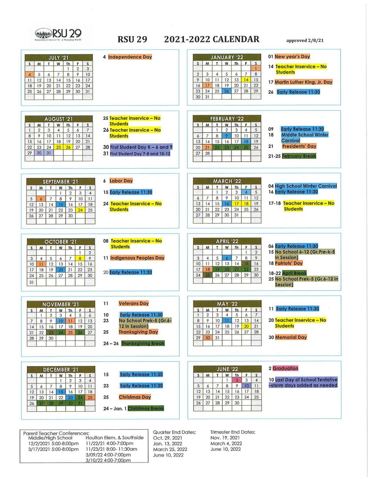 RSU 29 Calendar