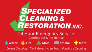 specialized cleaning and restoration INC graphic. red background with green checkmark and lgoo. 24 hour emergency service commerical and residential buisniess