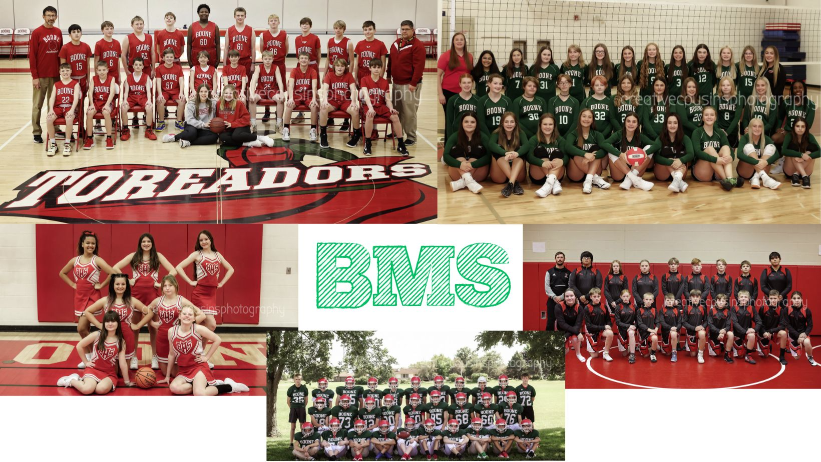 BMS Sports. Boys Basketball, Girls Volleyball, Cheerleading, Boys Wrestling, football