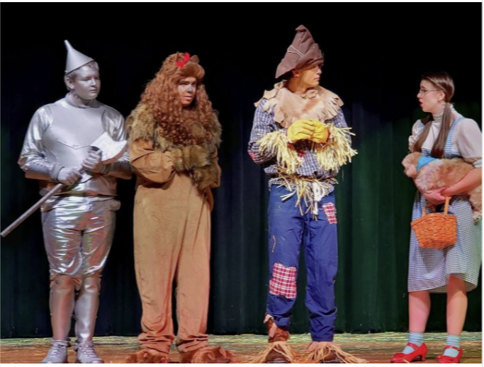 Wizard of oz characters tinman, lion, scarecrow, dorothy and dog toto