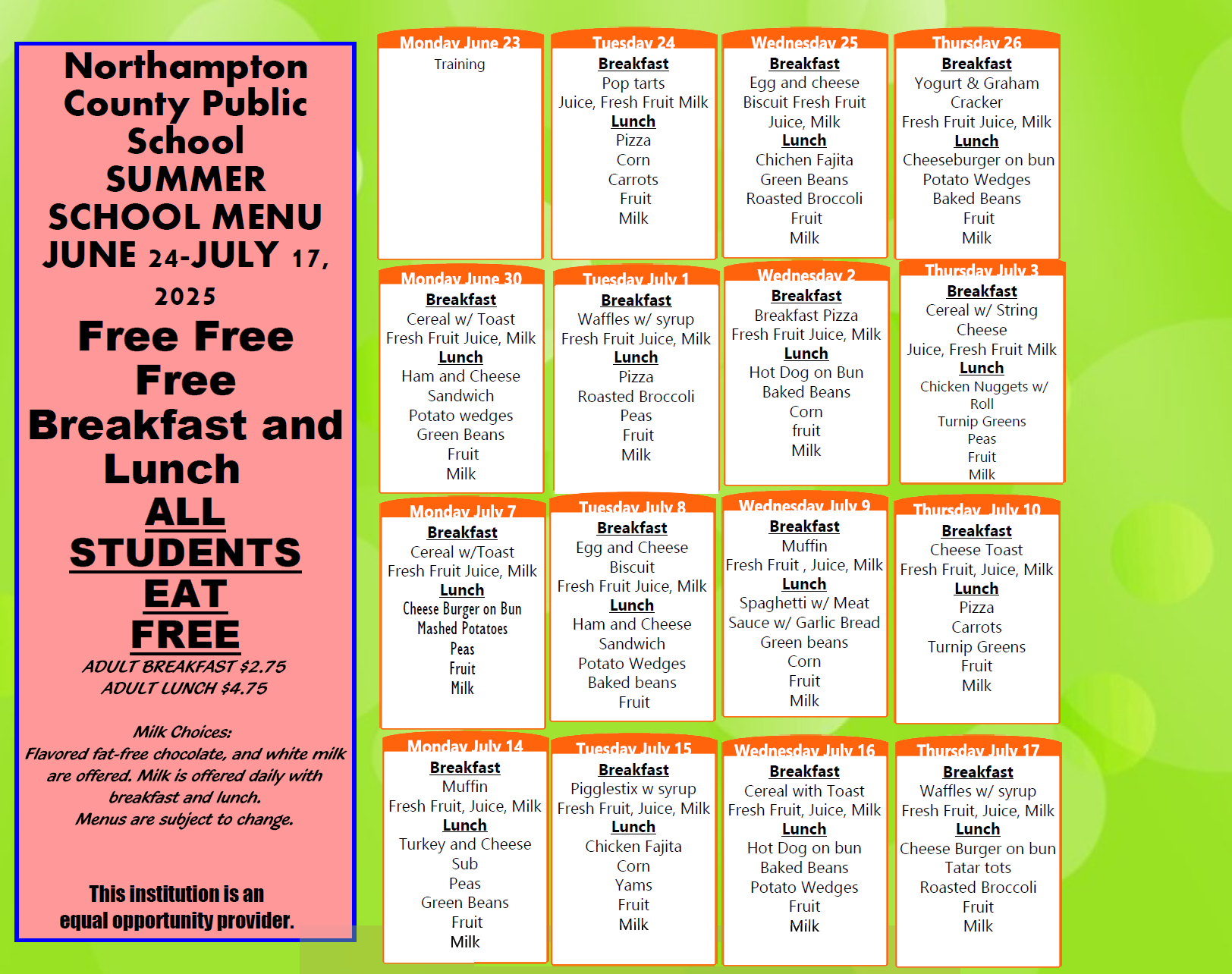 Elementary Food Menu 1