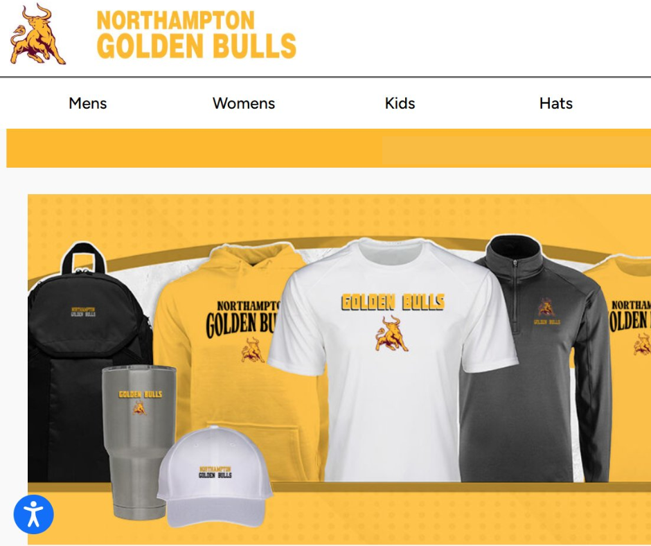 A graphic displaying a collection of merchandise for the Northampton Golden Bulls. The image shows a black backpack, a gray tumbler, a white baseball cap, a yellow hoodie, a white t-shirt, and a black quarter-zip jacket. All items are branded with the "Golden Bulls" name and a bull mascot logo. The top of the image includes a website menu with options for "Mens," "Womens," "Kids," and "Hats."