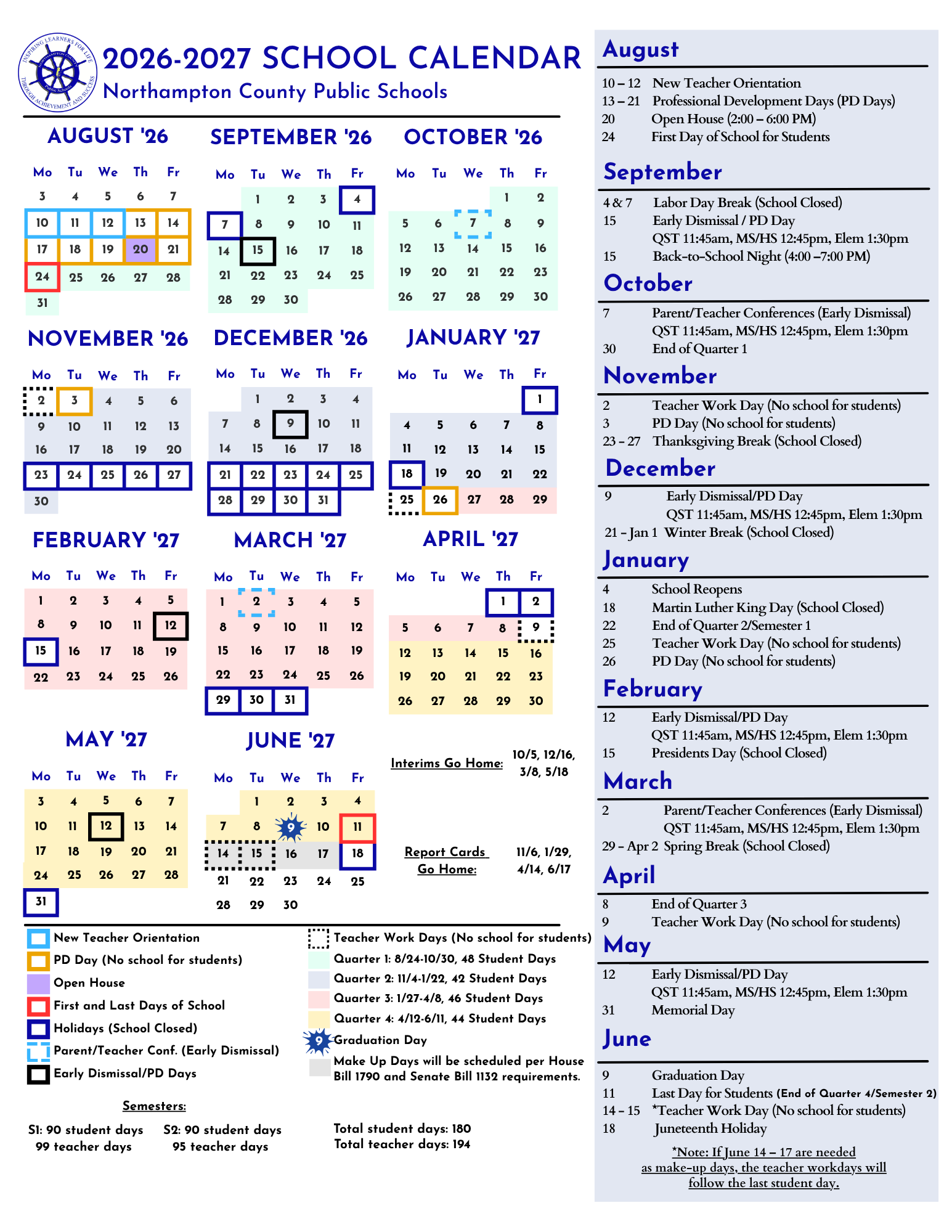 26/27 School Year Calendar in English