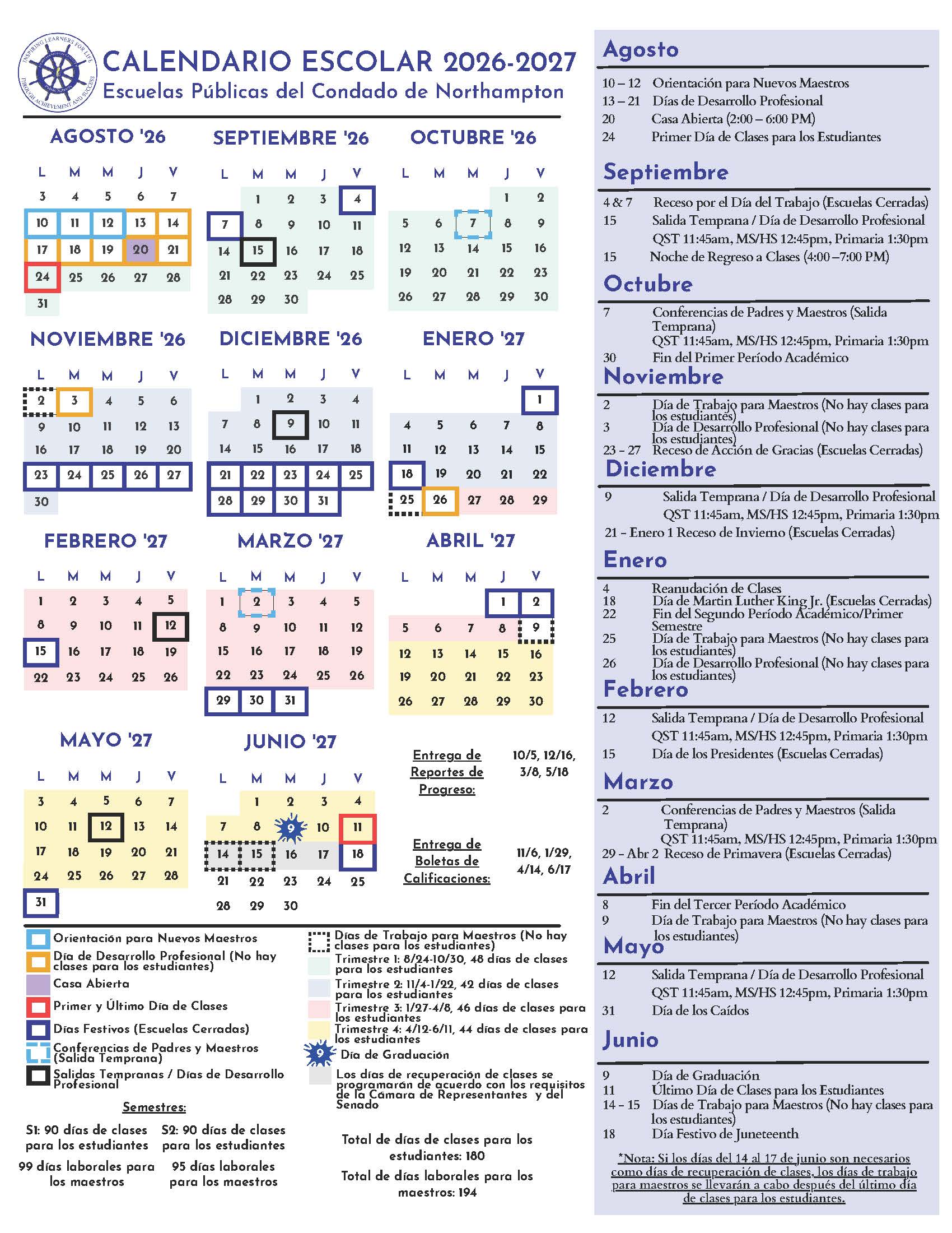 26/27 School Year Calendar in Spanish