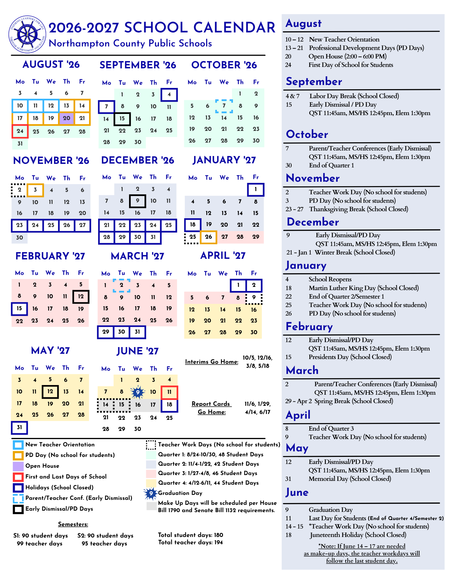 26/27 School Year Calendar in English
